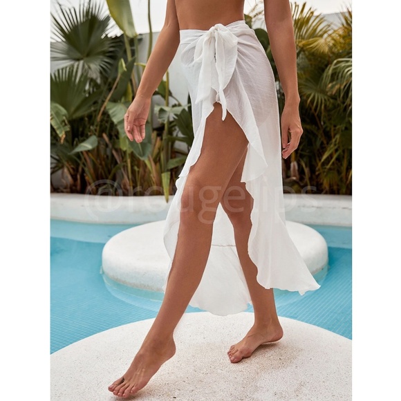 White Ruffle Beach Sarong Skirt Tie Wrap - Picture 5 of 6